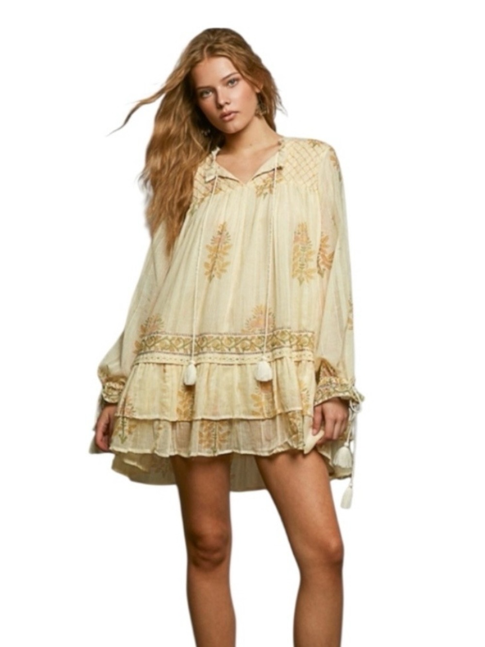 POL Cream Embroidered Tiered Mini Dress